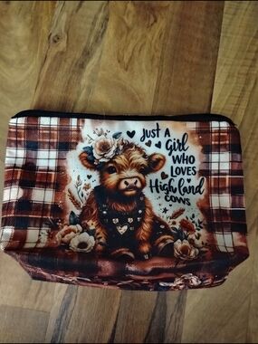 Plaid Highland Cow Cosmetic Bag - Brown & Cream